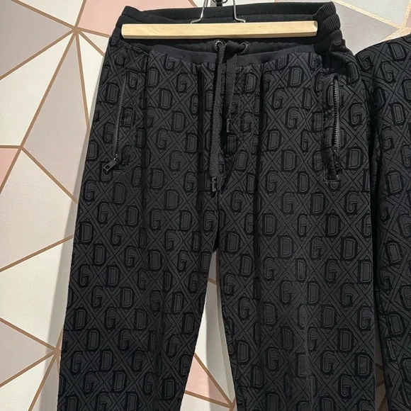 Dolce & Gabbana Black Velvet Embossed Logo Sweat Suit (Hoodie & Joggers)